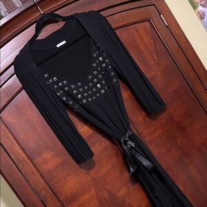 Byblos Black Long Sleeve Dress with Metallic Accents on Belt Size 6